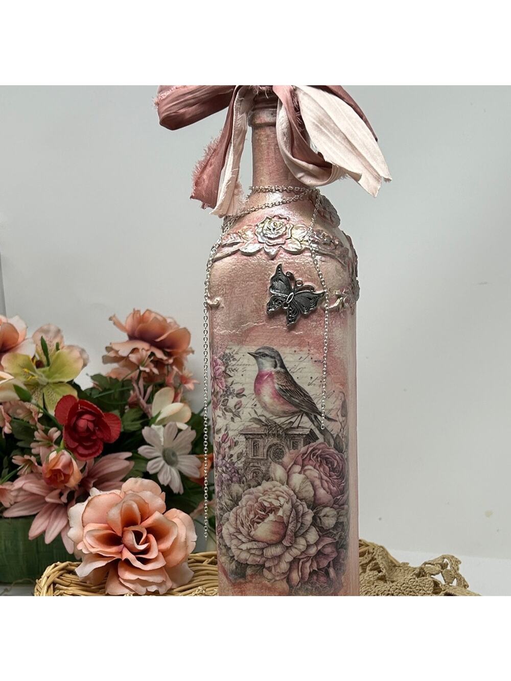 Charming Pink Bird and Floral  Hand Crafted Decorative Bottle